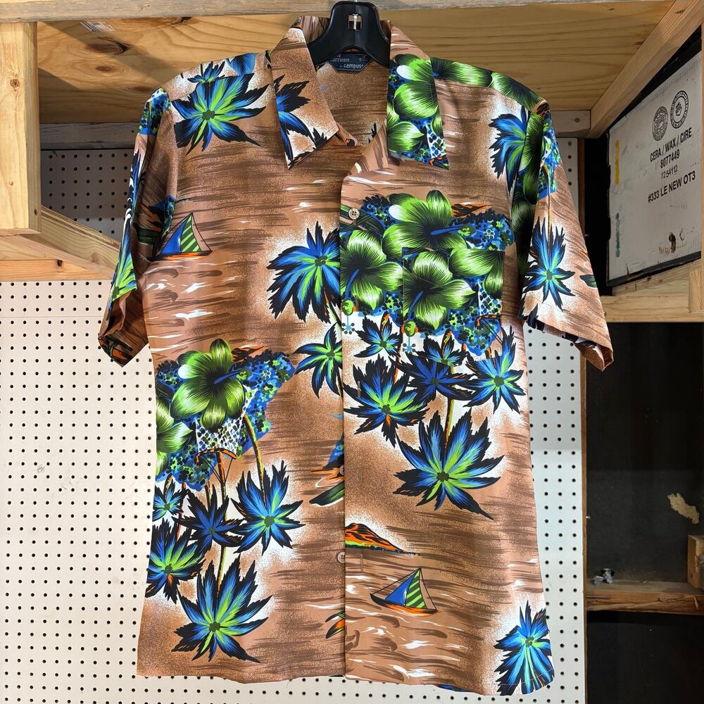 Vintage 70s Campus New Editions Hawaiian Shirt Mens M Brown Tiki Aloha Print